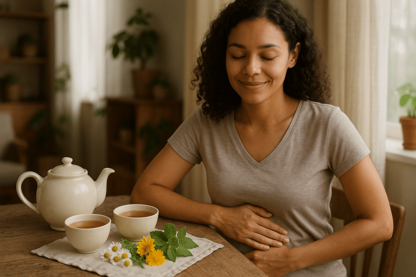 Gyógyszer nélküli megoldás menstruációs problémákra: gyógynövényes tea és nyugodt nő.