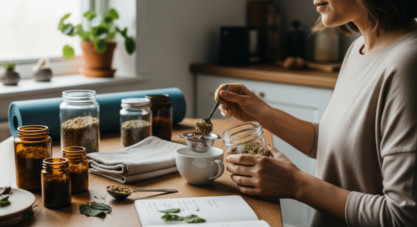 Nő készíti a Hajadon teakeverék gyógynövényteát napfényes konyhában