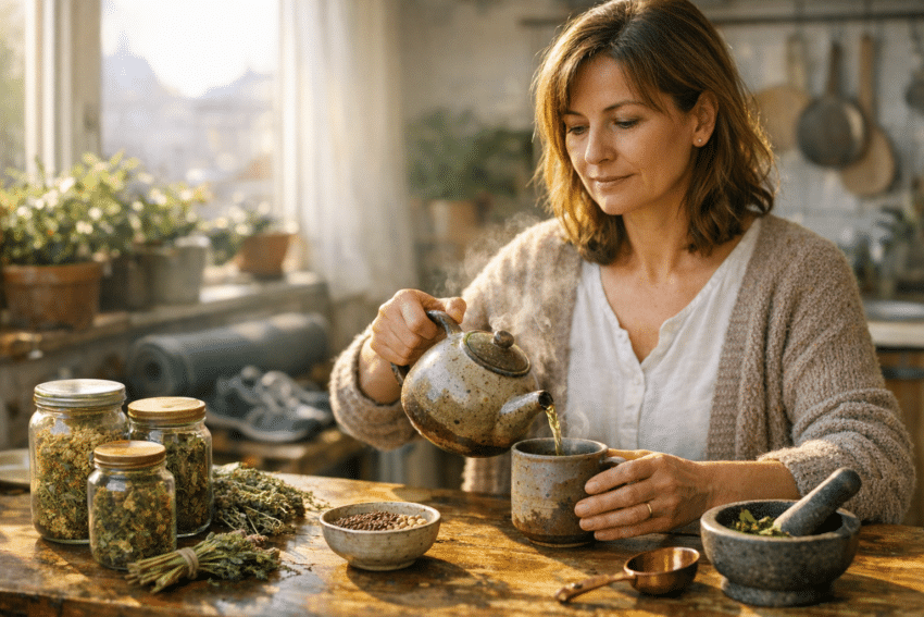 Ösztrogénhiány esetén ciklusbarát gyógynövényteát készítő középkorú nő