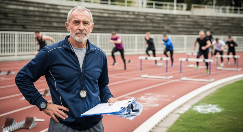 magyar atlétika edző Bogdánfy utcai pályán stopperrel és jegyzettel