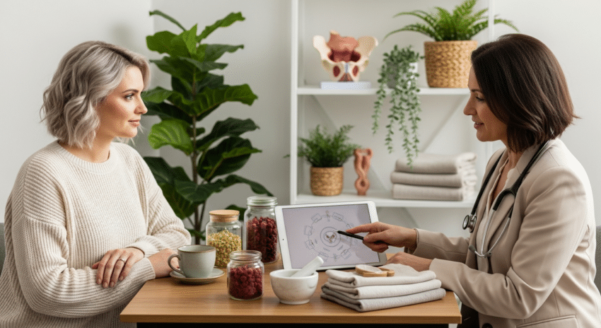 nőgyógyászati vizsgálat konzultáció: páciens és klinikus gyógynövényes környezetben