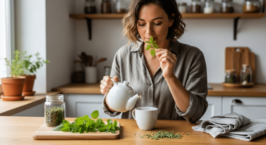 Nő készít teát friss orvosi citromfű ágakkal napfényes konyhában