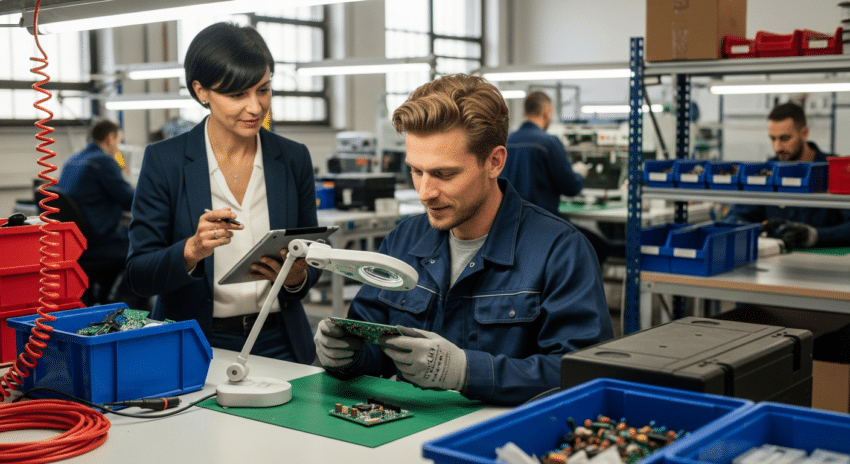 ukrán vendégmunkás kesztyűben vizsgál egy áramkört, magyar felügyelő tablettel