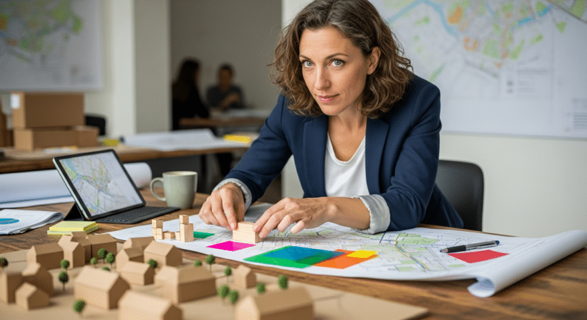 Tervező nő dolgozik városmodell mellett, városfejlesztési eszköztár látható