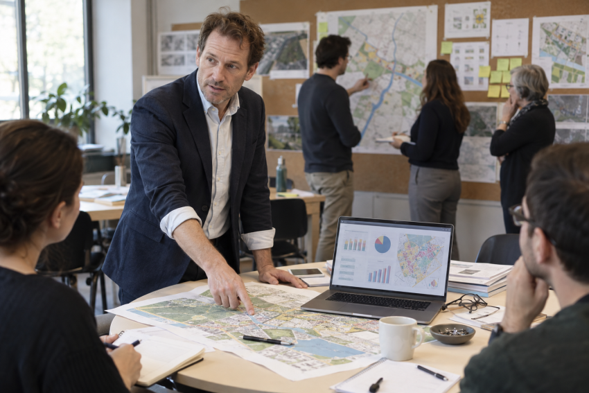 jó településfejlesztés: urbanista térképet magyaráz egyetemi műhelyben